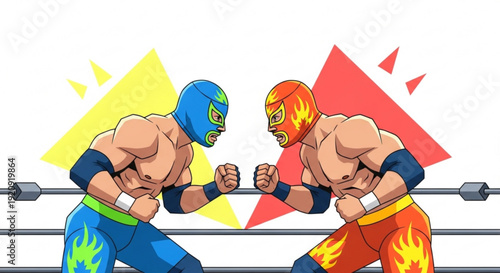 Two wrestlers in a ring wearing colorful masks and flame patterned wrestling gear engaged in a fierce match with vibrant triangular backgrounds