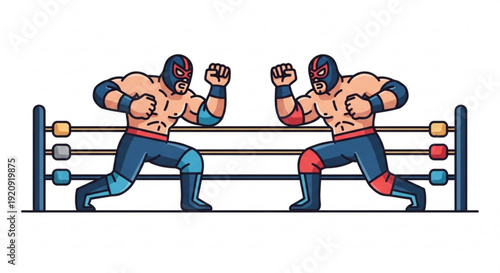 Two wrestlers in lucha libre style masks and gear face off in a colorful wrestling ring