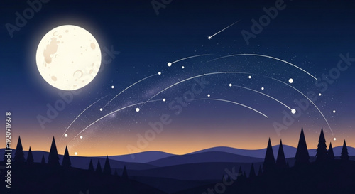Moonlit night sky with shooting stars and silhouetted trees against mountains at dusk