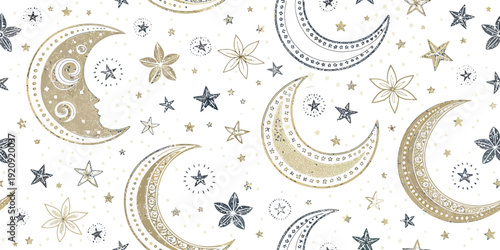 Whimsical seamless pattern of hand-drawn crescent moons with faces, stars, and celestial flowers on a white background, boho chic style.