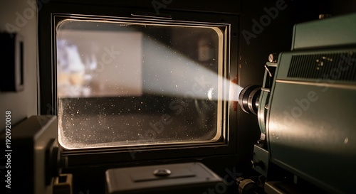 Vintage film projector displaying classic movie scene in dark room 4k