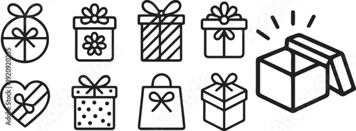 Elegant Line Art Gift Boxes & Bags Icon Bundle | Creative Minimalist Black & White Collection.