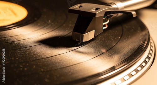 Vintage phonograph needle on vinyl record close-up retro music texture