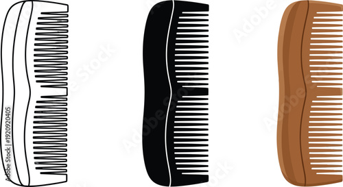 Collection of three wooden combs including a line art a silhouette and a realistic illustration isolated on a white background for grooming and styling concepts