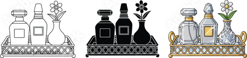 Collection of elegant perfume bottles and vase with flower on decorative tray set of vector illustrations for beauty and cosmetic concepts