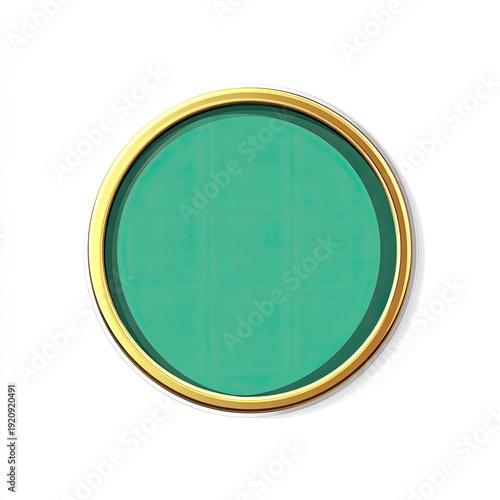 A circular object featuring a teal center, framed by gold, set against a white backdrop
