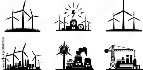 Energy Industry Black Silhouette Vector Icons, Wind Turbine Power Plant Factory Nuclear Symbol, Green Renewable Eco and Industrial Pollution Graphics Collection