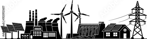 Energy Production and Distribution Black Silhouettes Set, Power Plant, Wind Turbine, Solar Panels, Hydroelectric Dam, Electricity Tower Vector