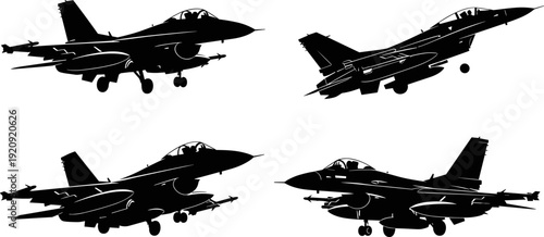 engine fighter jets in various armed flight and landing poses, illustrating military air combat and aerial defense, black graphic.