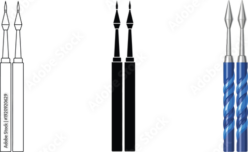 Set of two stylized drill bits vector illustration in outline silhouette and color variations for industrial design and manufacturing concepts isolated on white