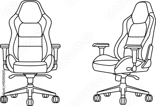 Ergonomic gaming chair front and side view technical vector drawing with adjustable armrests, swivel base, and comfortable seat design illustration