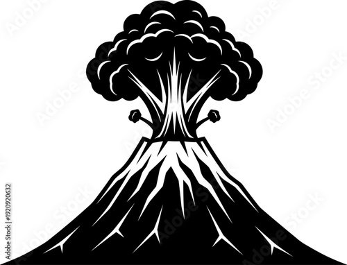Erupting volcano silhouette illustration, dramatic natural disaster landscape, lava explosion concept, monochrome mountain eruption vector, powerful geology and nature design