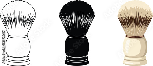 Collection of shaving brush icons in outline solid black and realistic styles perfect for grooming product branding and barber shop graphics