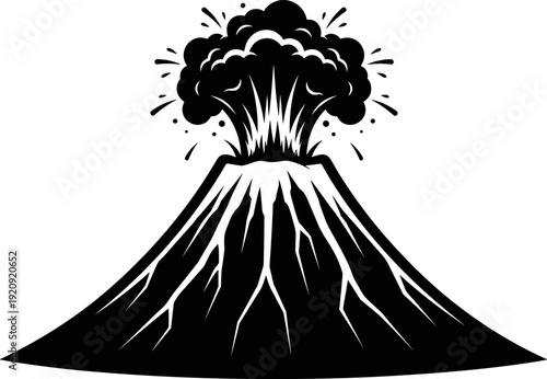 Erupting volcano silhouette vector illustration, dramatic lava explosion and ash cloud, natural disaster mountain landscape icon, powerful geology concept for poster, logo, education