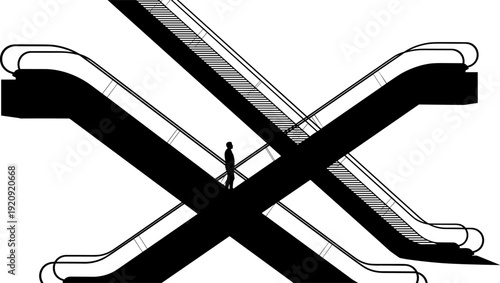 Escalator crossing silhouette vector illustration, abstract urban transport architecture design, modern subway mall movement concept, human figure perspective art