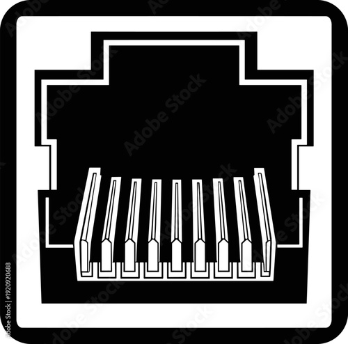 Ethernet LAN port icon silhouette, black and white vector illustration representing internet connection, data transfer, computer networking, wired technology interface isolated on white background