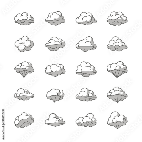 Collection of Cartoon Cloud Icons with Various Shapes and Styles for Weather and Sky Design