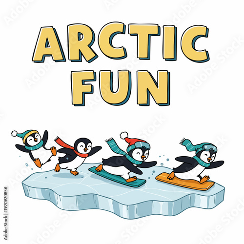 Cartoonish Handdrawn Penguin Snowboarding on Ice Berg at Arctic Fun Illustration