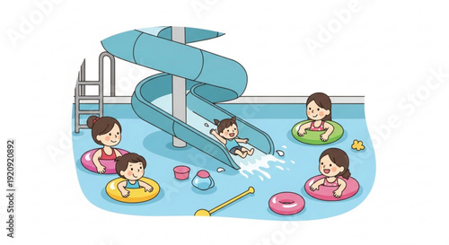Children and adults swimming in pool with water slide and inflatable rings on a sunny day