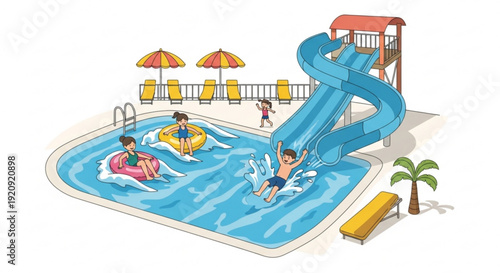 Children playing in a swimming pool with water slide and inflatable toys on a sunny day at a resort or public water park