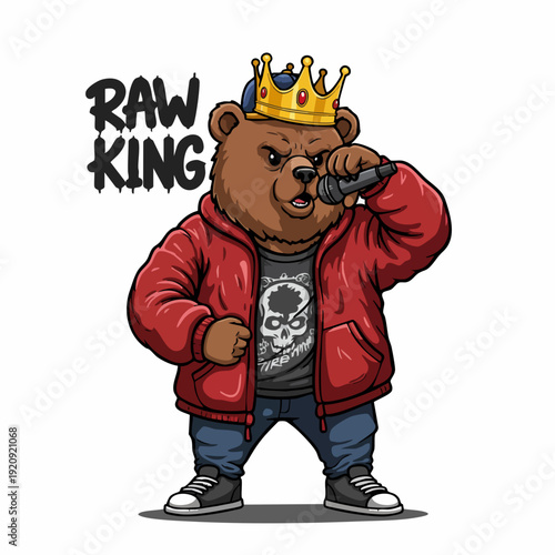 Cartoonish Streetwear Bear with Crown and Microphone Apparel Illustration