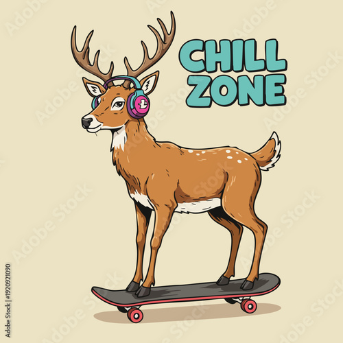 Playful Cartoon Deer with Headphone Riding Skateboard Illustration