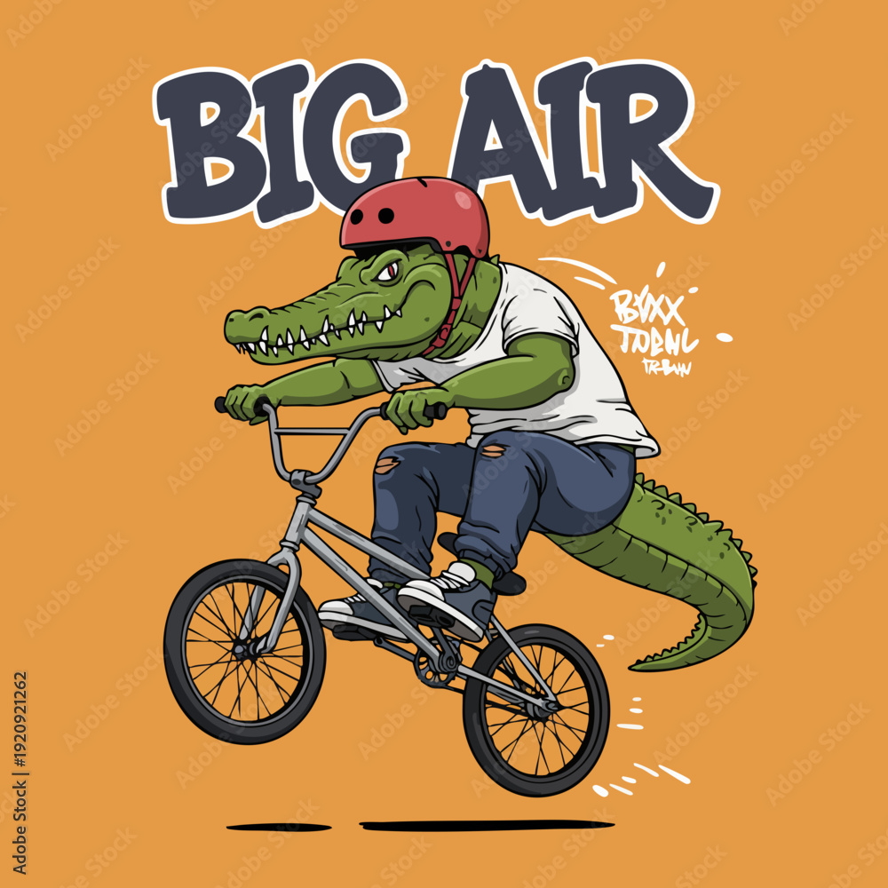 Obraz premium Cartoon Style Crocodile Riding BMX Bicycle Doing Big Air Trick Illustration