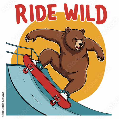 Cartoon Style Playful Bear Skateboarding On Ramp Illustration Design