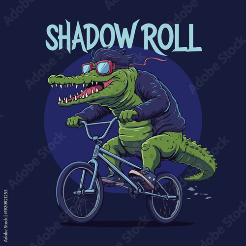 Cartoon Style Alligator Riding Bicycle Wearing Sweater and Glasses Illustration