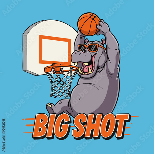 Cartoon Style Hippopotamus Dunking Basketball with Sunglasses Illustration