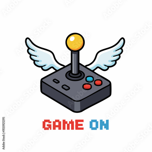 Detailed Pixel Art Joystick with Wings and Game On Text Illustration