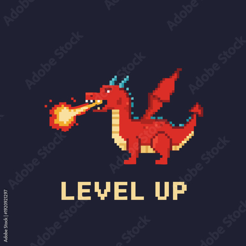 Pixelated Cartoon Red Dragon Spitting Fire Game Character Illustration