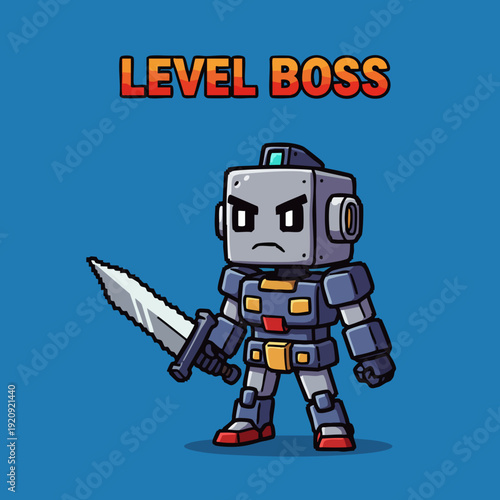Pixelated Detailed Robot Character Illustration Holding Sword For Game Asset