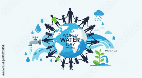 World water day poster with people around the globe and water droplets
