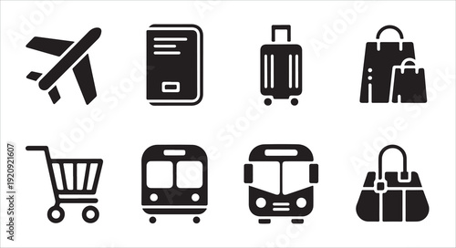 Assortment of shopping and travel icons featuring airplane passport and shopping bags