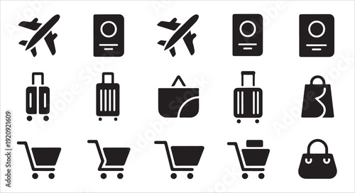 Modern vector icons for travel and shopping including airplanes passports suitcases and bags