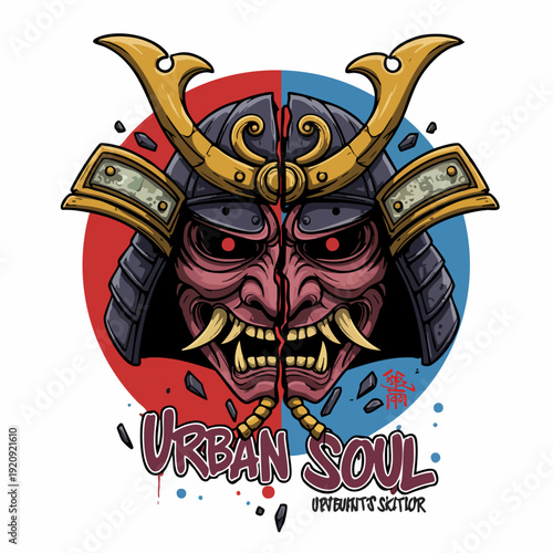 Illustrated Samurai Mask with Horns Japanese Culture Warrior Spirit T-Shirt Graphic