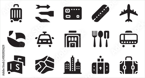 Travel and vacation icon set black flat designs representing tourism, transportation, and accommodation