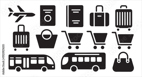 Assorted vector icons for travel and transport including airplane passport suitcase bus