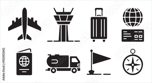 Aviation set containing aircraft and airport symbols for flight travel planning silhouettes