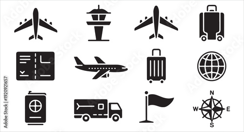 Flight navigation icons set featuring passenger planes and essential travel document symbols