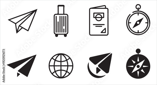 Set of travel icons including paper airplane, luggage, passport, and compass in line and solid styles