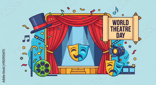 Theatre stage with comedy and tragedy masks on world theatre day