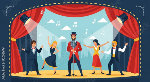 People performing on stage with red curtains and musical notes