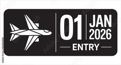 International travel arrival stamp with airplane icon and january first entry date indicator