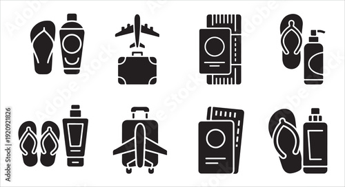 Summer vacation icons set with beach flip flops sunscreen lotion luggage and boarding passes