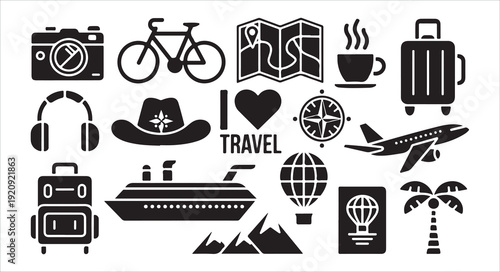 I love travel flat design icons, journey and vacation symbols on a white background