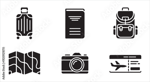 Travel icon set on white background, black flat style for web and mobile app designs