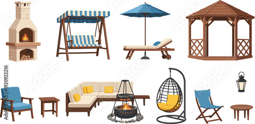 Outdoor patio furniture set with wooden gazebo, garden swing, fireplace, lounge chair, hanging seat, exterior backyard design, cad drawing flat vector illustration,