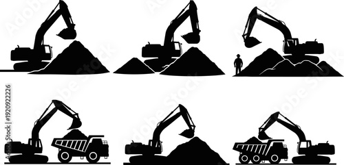 Excavator and Dump Truck Heavy Equipment Silhouettes Working in Mining Quarry Digging Loading Materials, Industrial Construction Machinery Vector Illustration Set, Digging Coal